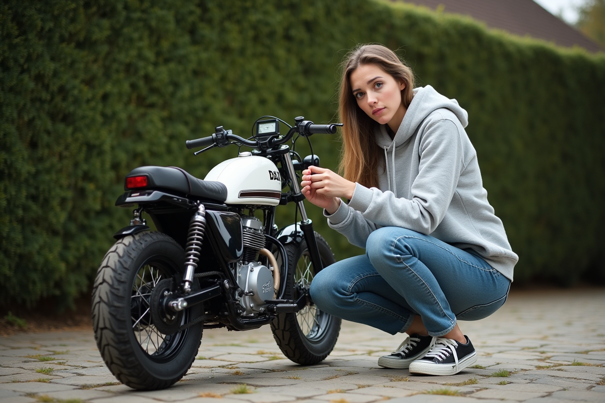 Jeune femme inspecte une moto Dax à l