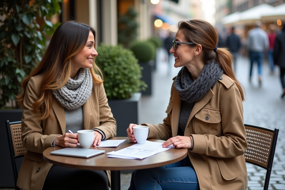 Deux femmes travaillant ensemble dans un café en plein air