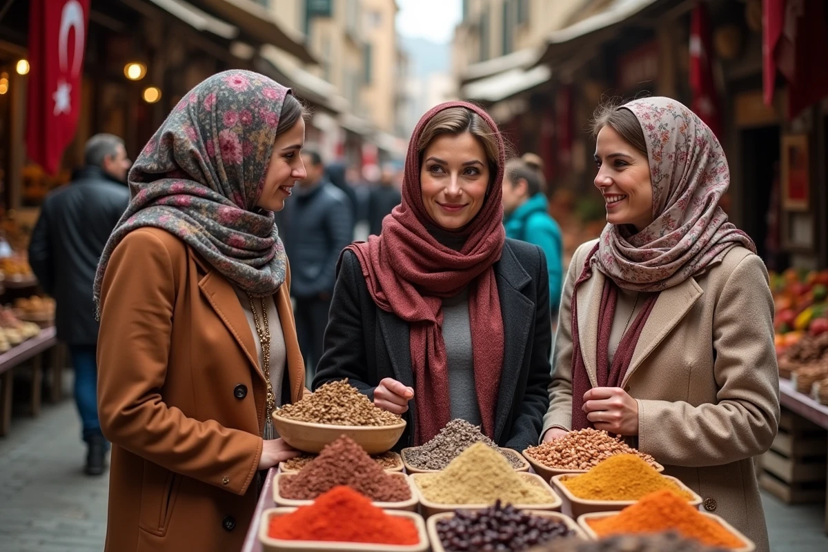 Trois femmes turques en tenue traditionnelle et moderne dans un marché européen coloré, illustrant la diversité et la richesse culturelle turque