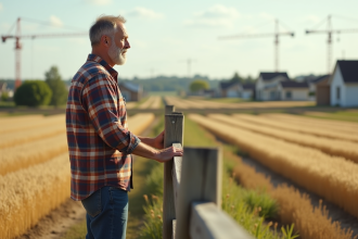 Ferme avec paysan devant champs de blé en ville