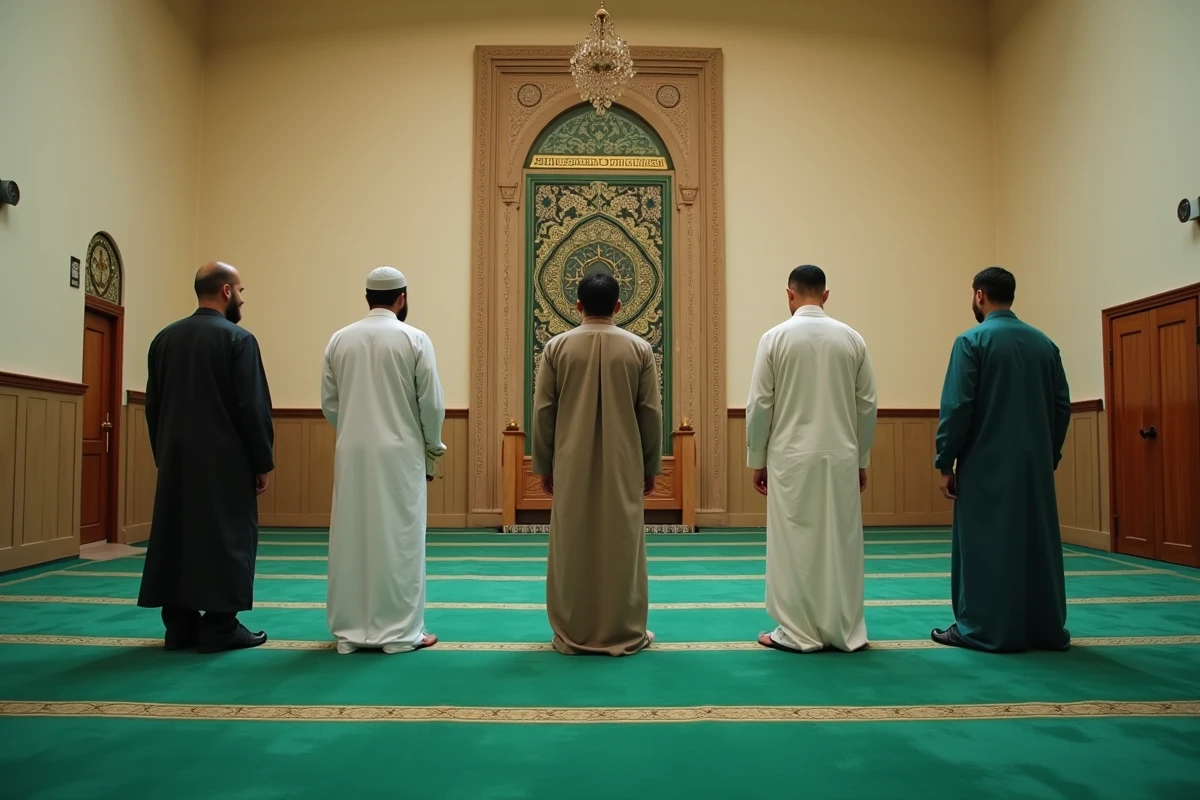 Rangée de fidèles en prière dans une mosquée de Grenoble, architecture islamique intérieure et tapis verts