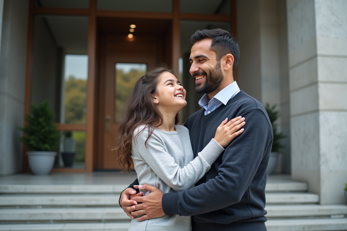Fille souriante et son beau-pere devant le tribunal