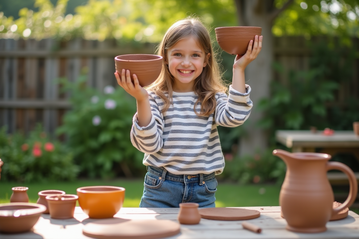 Fille fière montrant sa coupe en argile dans le jardin