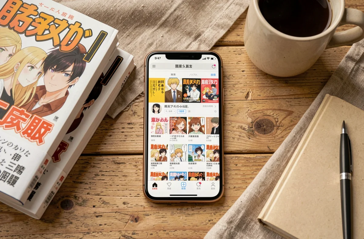 Vue de dessus d'un smartphone affichant un site de lecture de manga entouré d'un volume physique, d'un carnet et d'un café