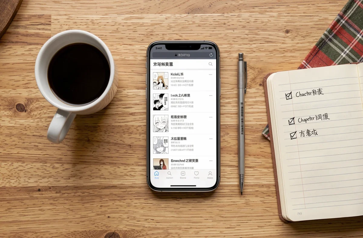 Vue de dessus d'un smartphone avec une liste de chapitres manga, carnet et café sur une table en bois