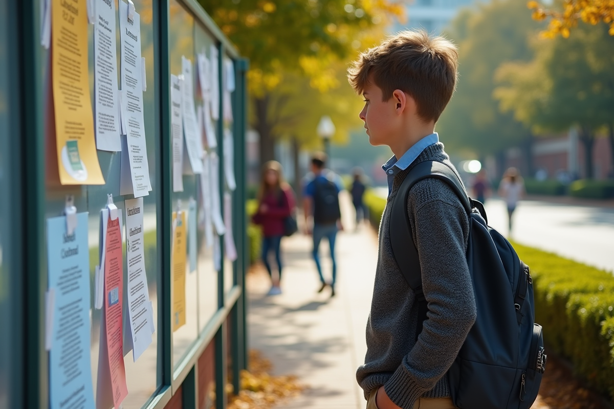 Garçon au lycée regardant les annonces sur le panneau