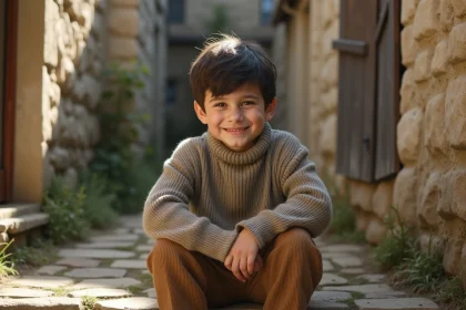 Jeune garçon souriant assis sur les escaliers d'une maison ancienne