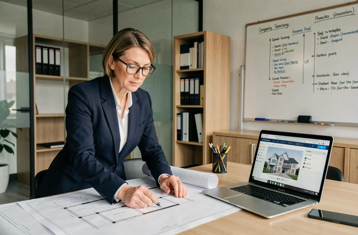 Gestionnaire de copropriété étudiant les plans d'un gros chantier de rénovation dans un bureau professionnel