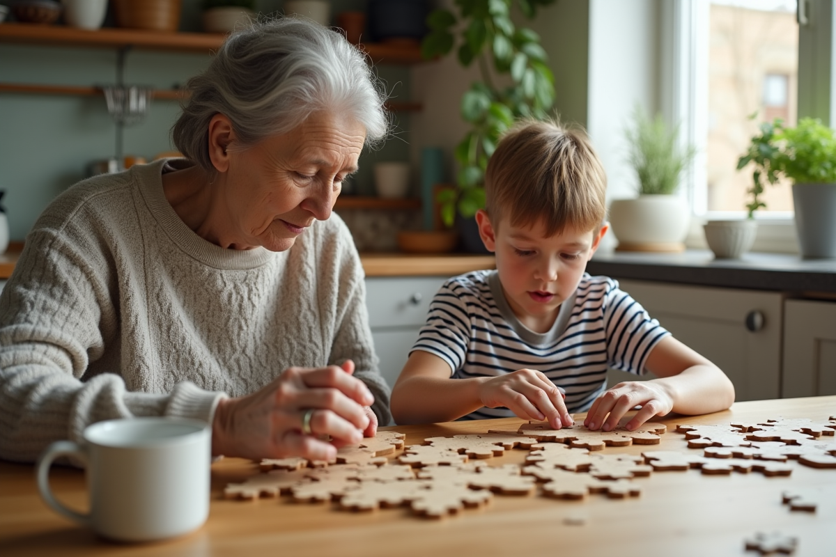 Grand-mère et petit-fils assemblant un puzzle dans la cuisine