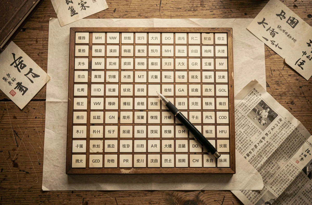 Grille de mots croisés sur papier washi japonais avec noms de villes en trois lettres écrits à l'encre noire
