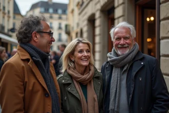 Groupe d'amis souriants dans une rue de Bordeaux
