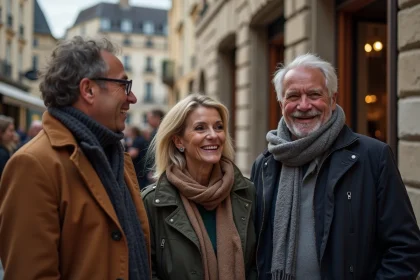 Groupe d'amis souriants dans une rue de Bordeaux