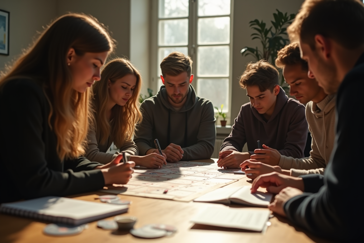 Groupe d'amis jouant à un jeu de detective en plein jour