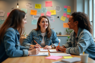 Groupe de trois adultes en réunion créative dans un bureau