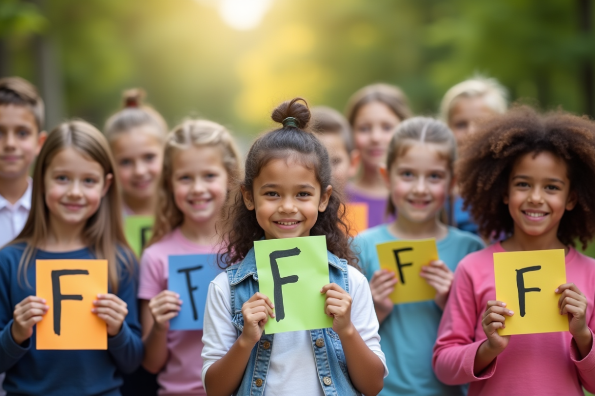 Enfants divers tenant des cartes colorées avec des noms F