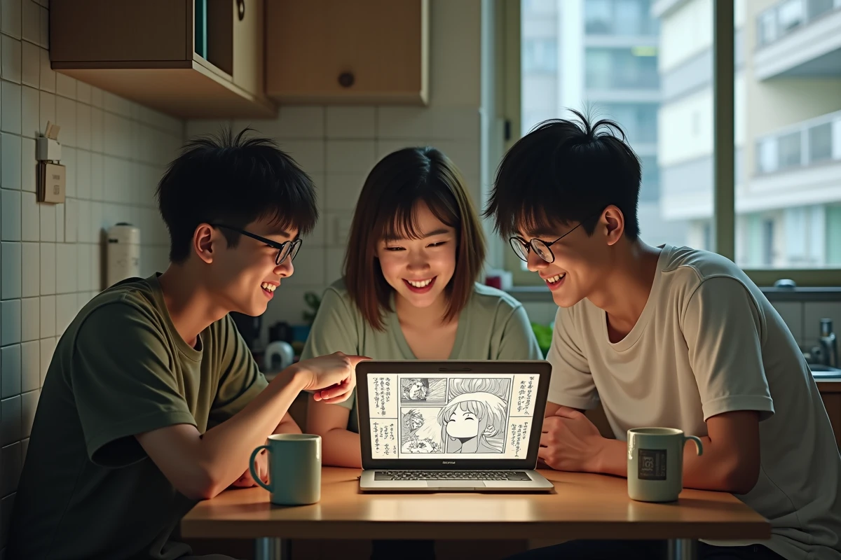 Groupe de jeunes adultes partageant une session de lecture de scans de manga ensemble autour d'un ordinateur portable dans un appartement étudiant