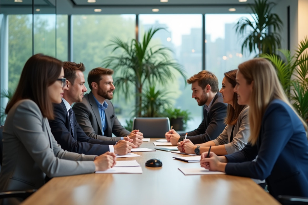Groupe de professionnels en brainstorming dans une salle moderne