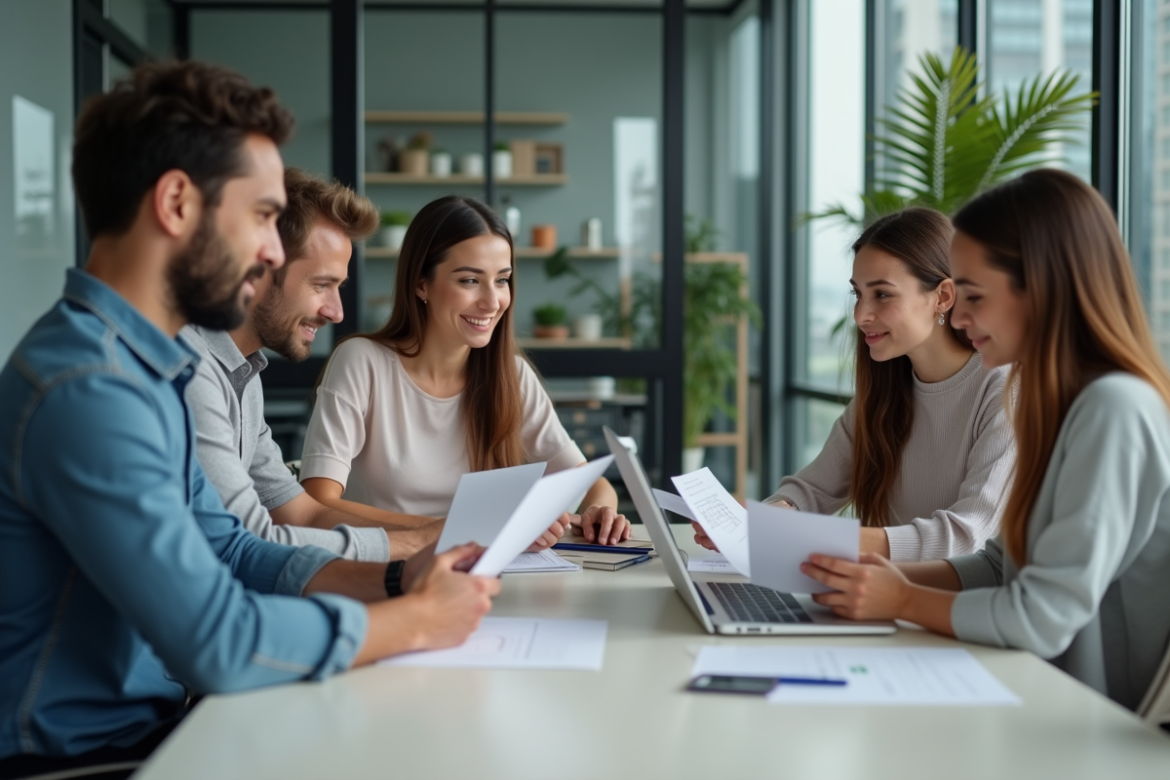 Groupe de quatre adultes en réunion dans un bureau moderne
