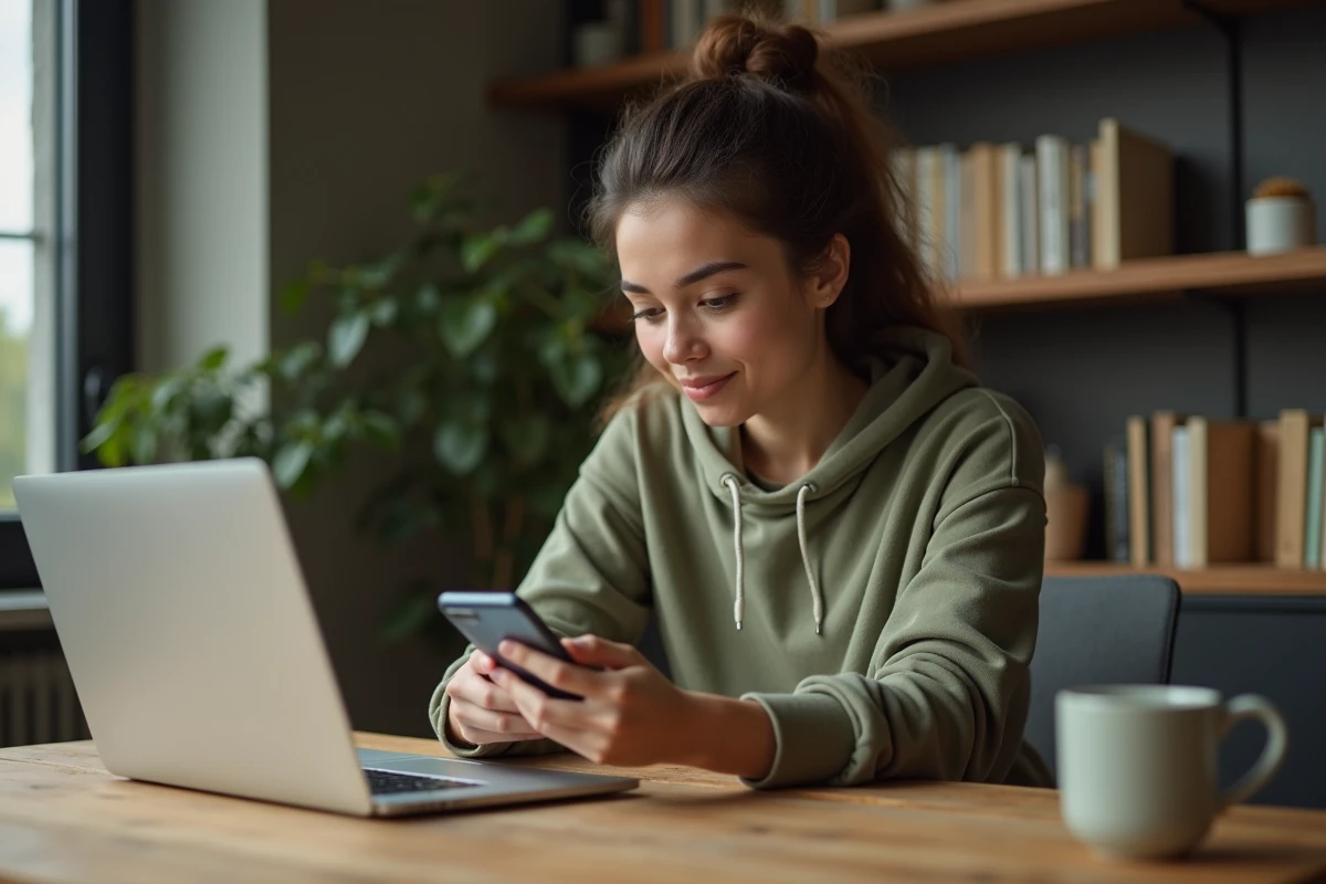 Jeune femme suivant un guide pas à pas pour annuler Prime Amazon sur mobile depuis son bureau