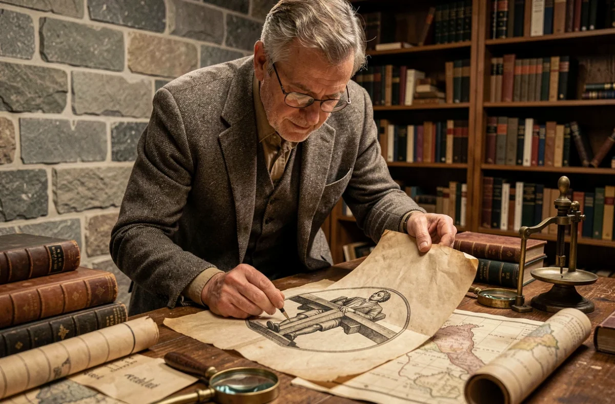 Historien étudiant un document ancien représentant la Croix de Lorraine dans une salle d'archives, recherche sur les origines du symbole