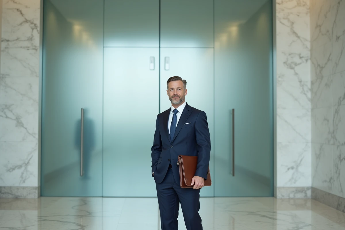 Homme d'affaires devant une porte gravée à son nom de marque personnelle, symbolisant l'investissement de carrière dans une identité professionnelle forte