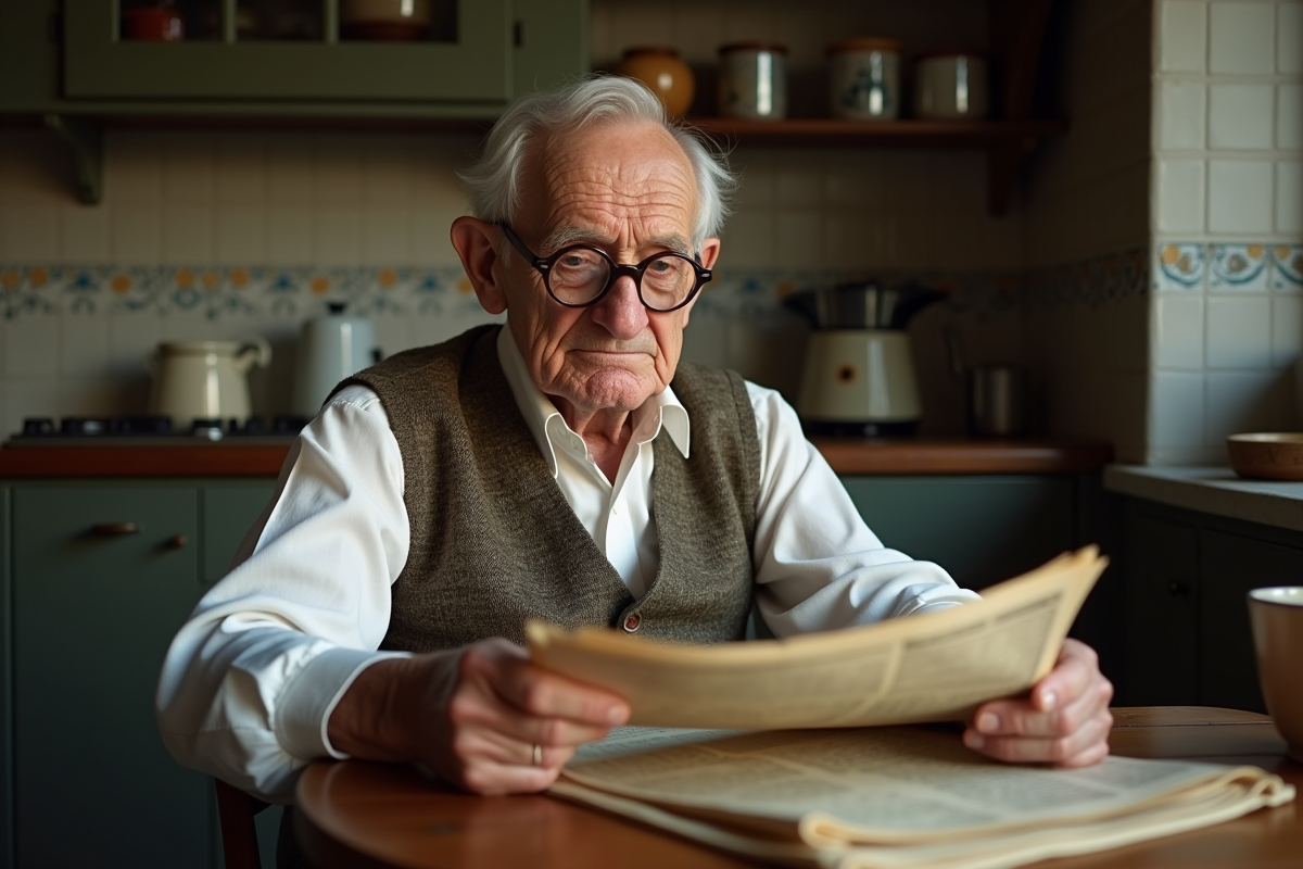 Homme âgé lisant un journal dans une cuisine des années 40