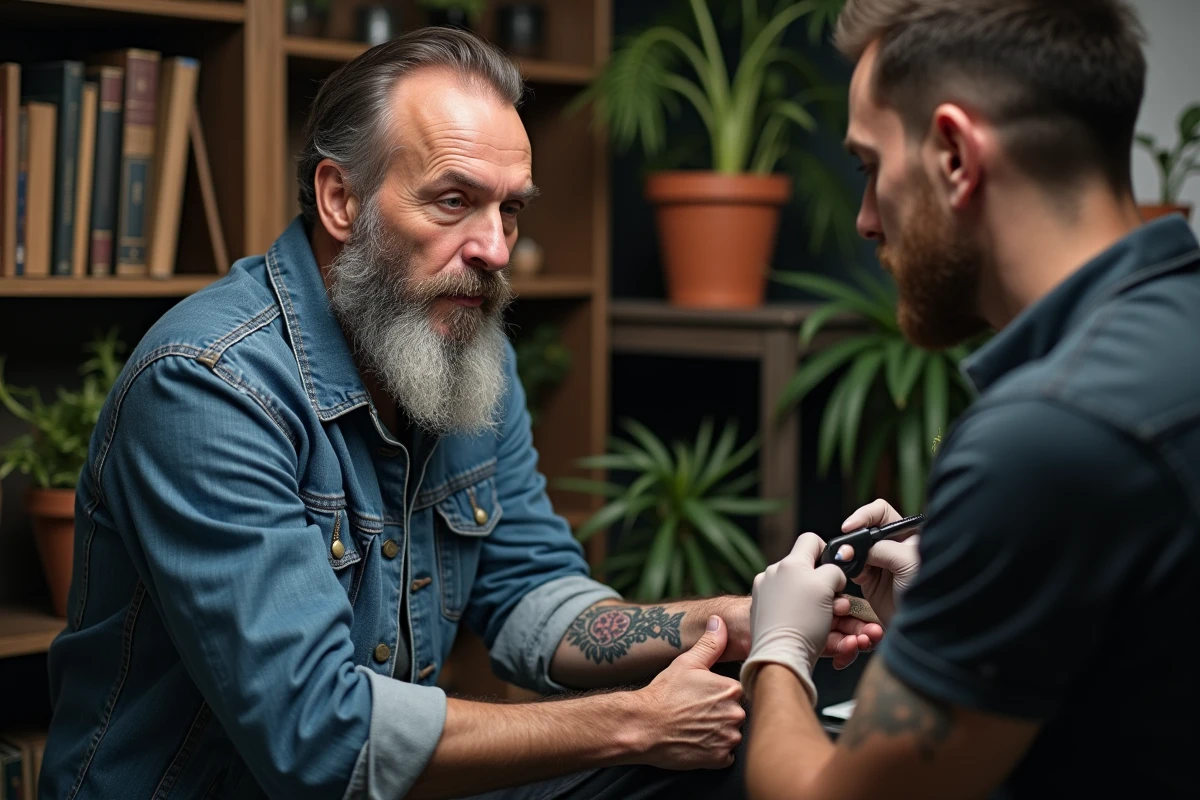 Homme montrant son tatouage vegvisir à un tatoueur dans un studio cosy