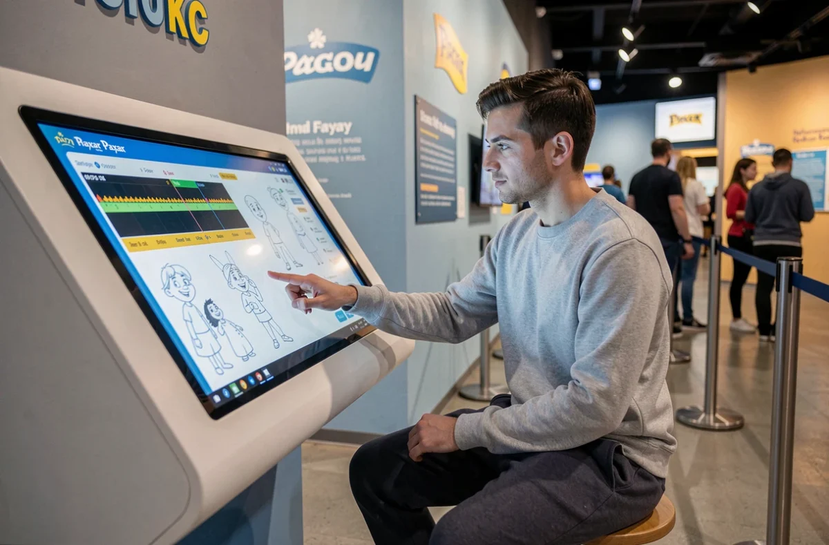 Homme interagissant avec une borne numérique interactive lors du parcours de l'exposition Pixar