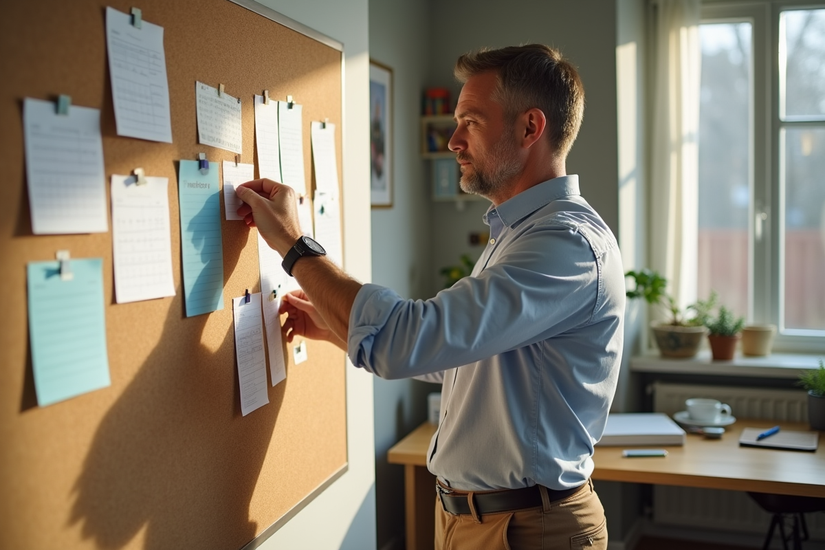 Homme épinglant emploi du temps dans bureau lumineux