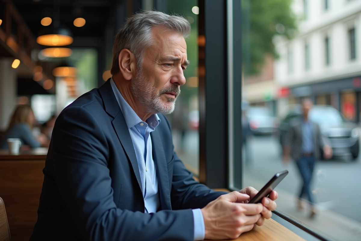 Homme d affaires utilisant son smartphone au café
