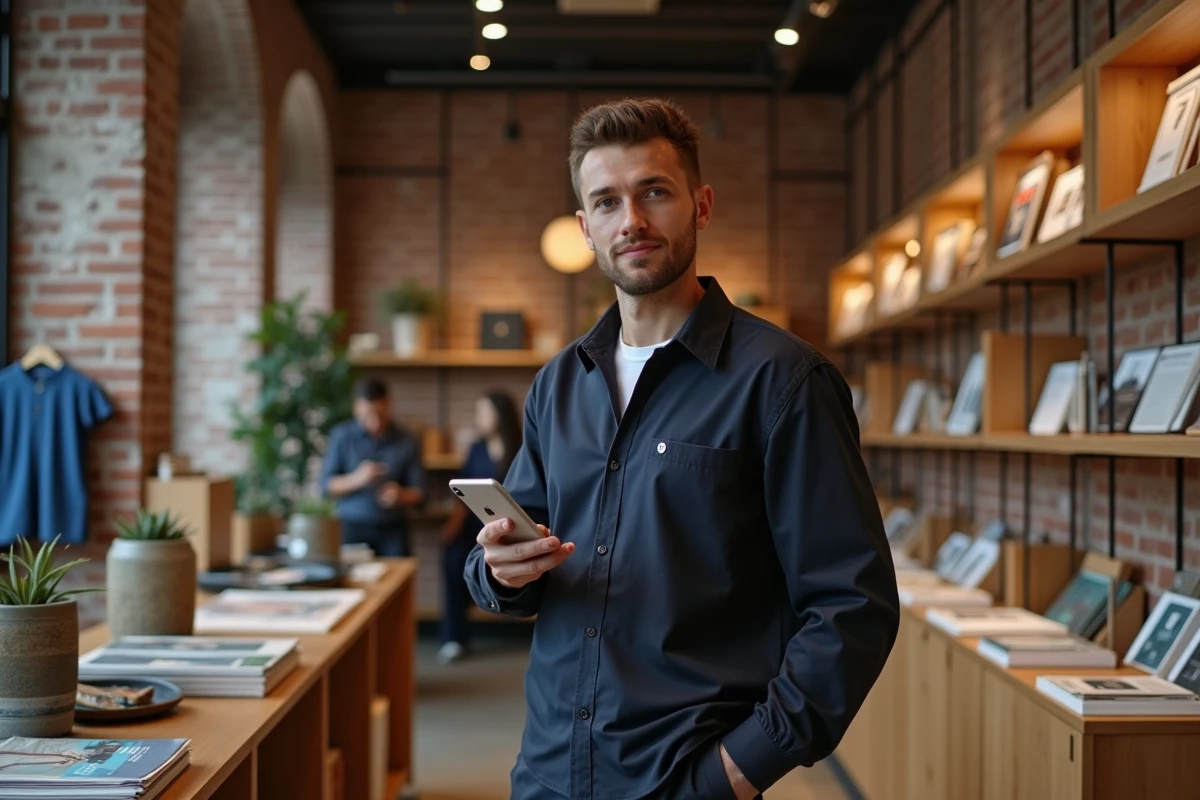Homme tendance dans un concept store urbain consultant une plateforme lifestyle référence sur smartphone