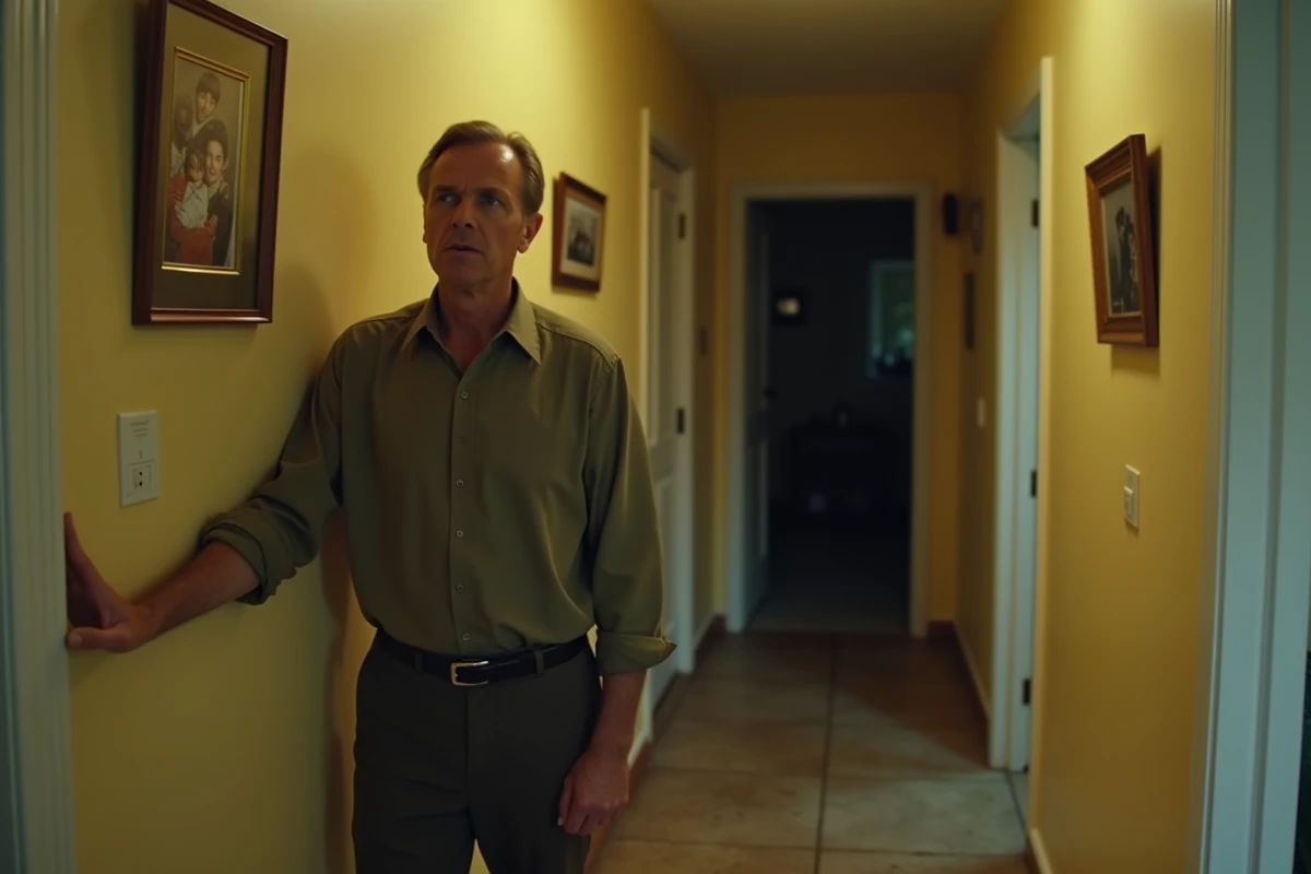 Homme dans le couloir d'une maison des années 70 à l'atmosphère oppressante, évoquant le suspense de la série Netflix A House of Dynamite