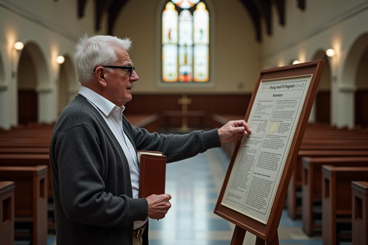 Homme âgé lisant un panneau de mots croisés dans une église
