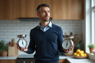 Homme d'âge moyen avec balances de cuisine modernes