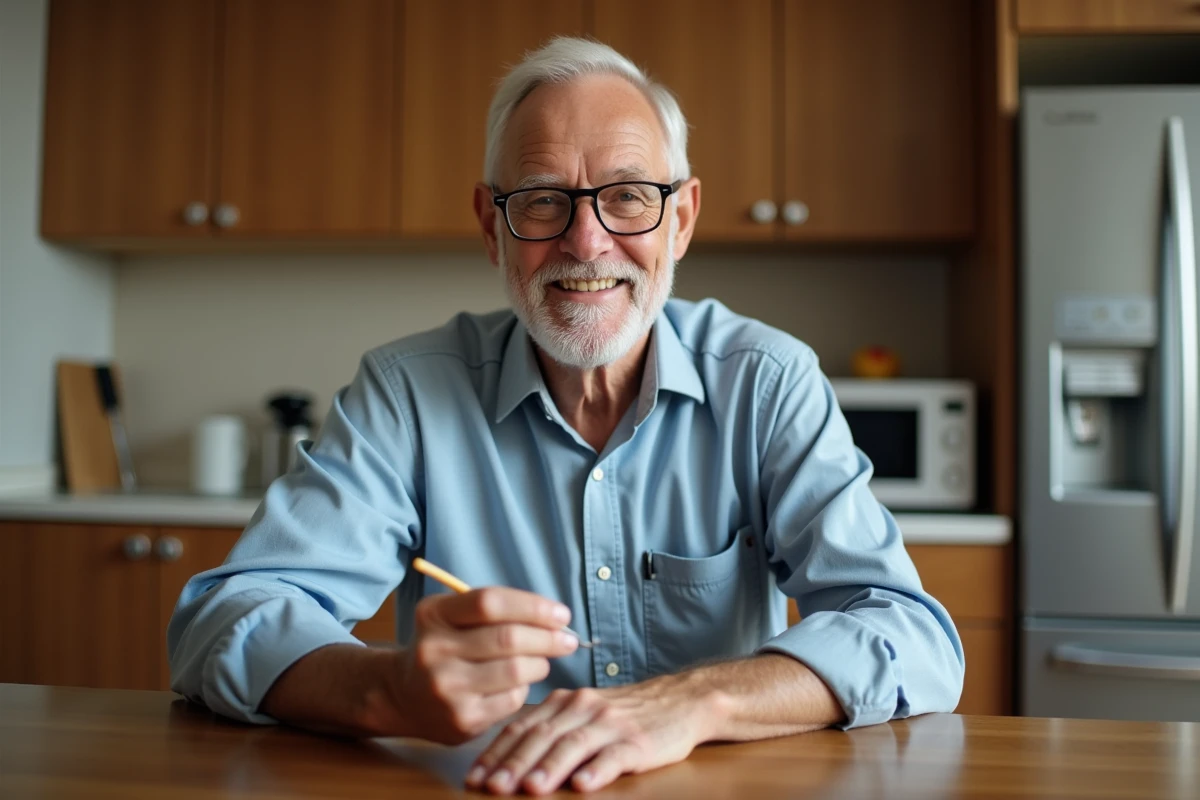 Homme senior utilisant un outil dentaire dans la cuisine