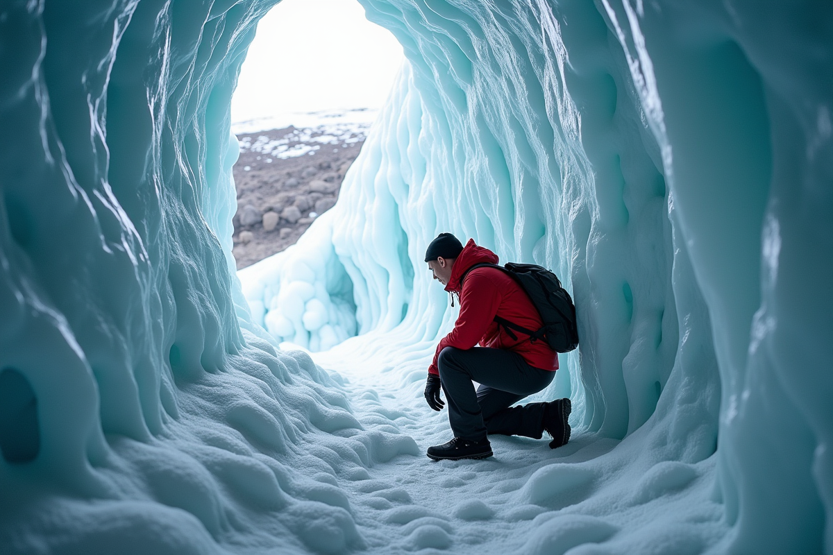 Homme en parka rouge examine la glace dans une grotte