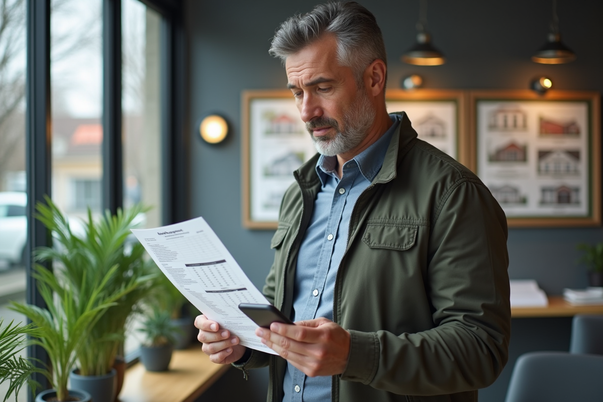 Homme d age en immobilier regardant fiche de taux