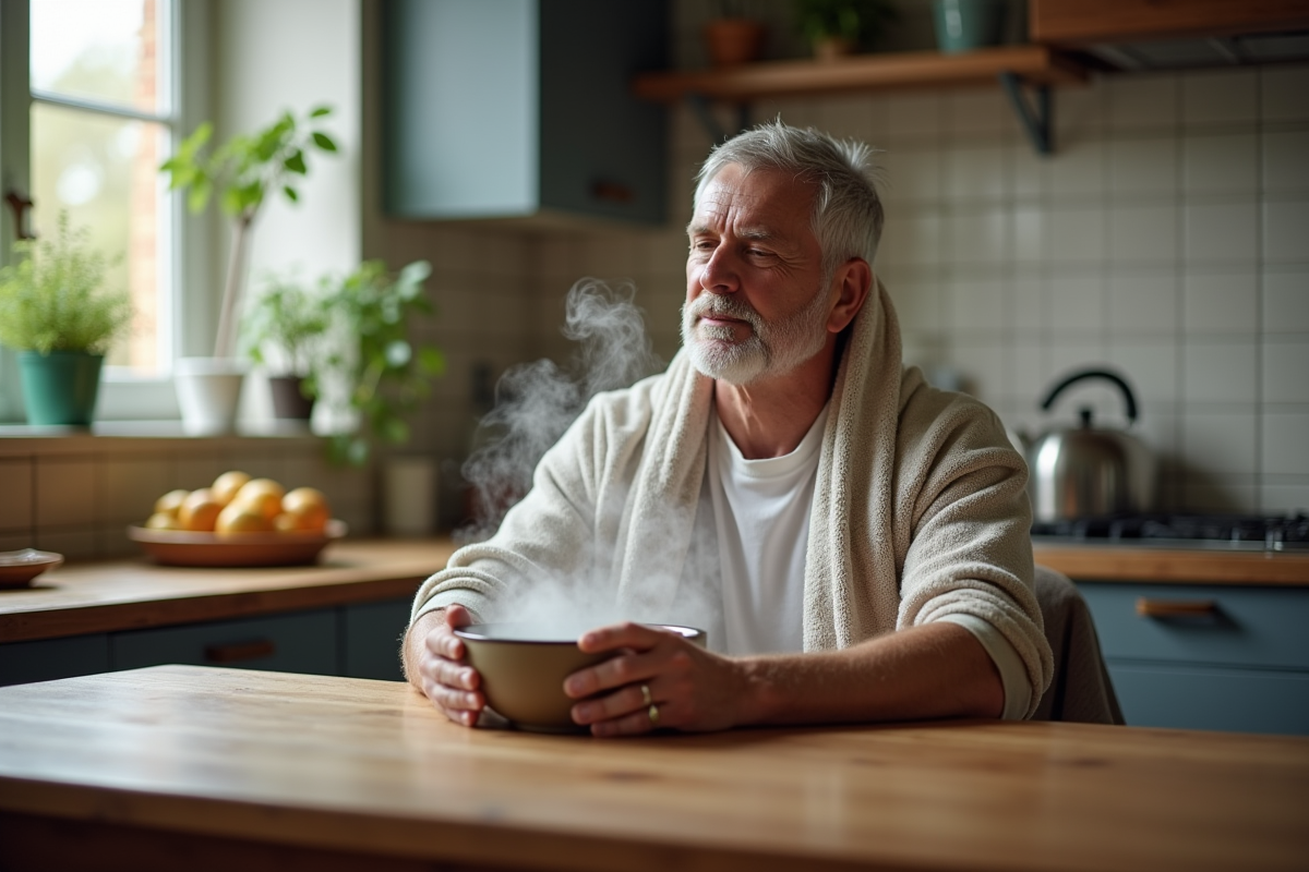 Homme inhalant de la vapeur dans une cuisine authentique