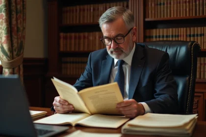 Homme d'âge moyen lisant la Constitution dans un bureau