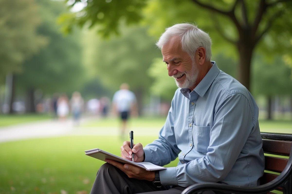 Homme âgé dans un parc avec carnet et smartphone