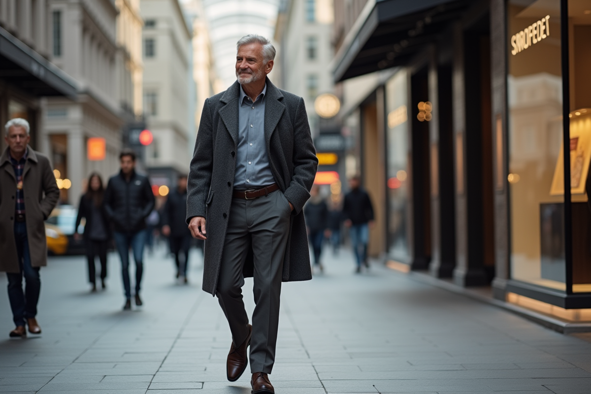 Homme mature marchant devant des boutiques de luxe en ville