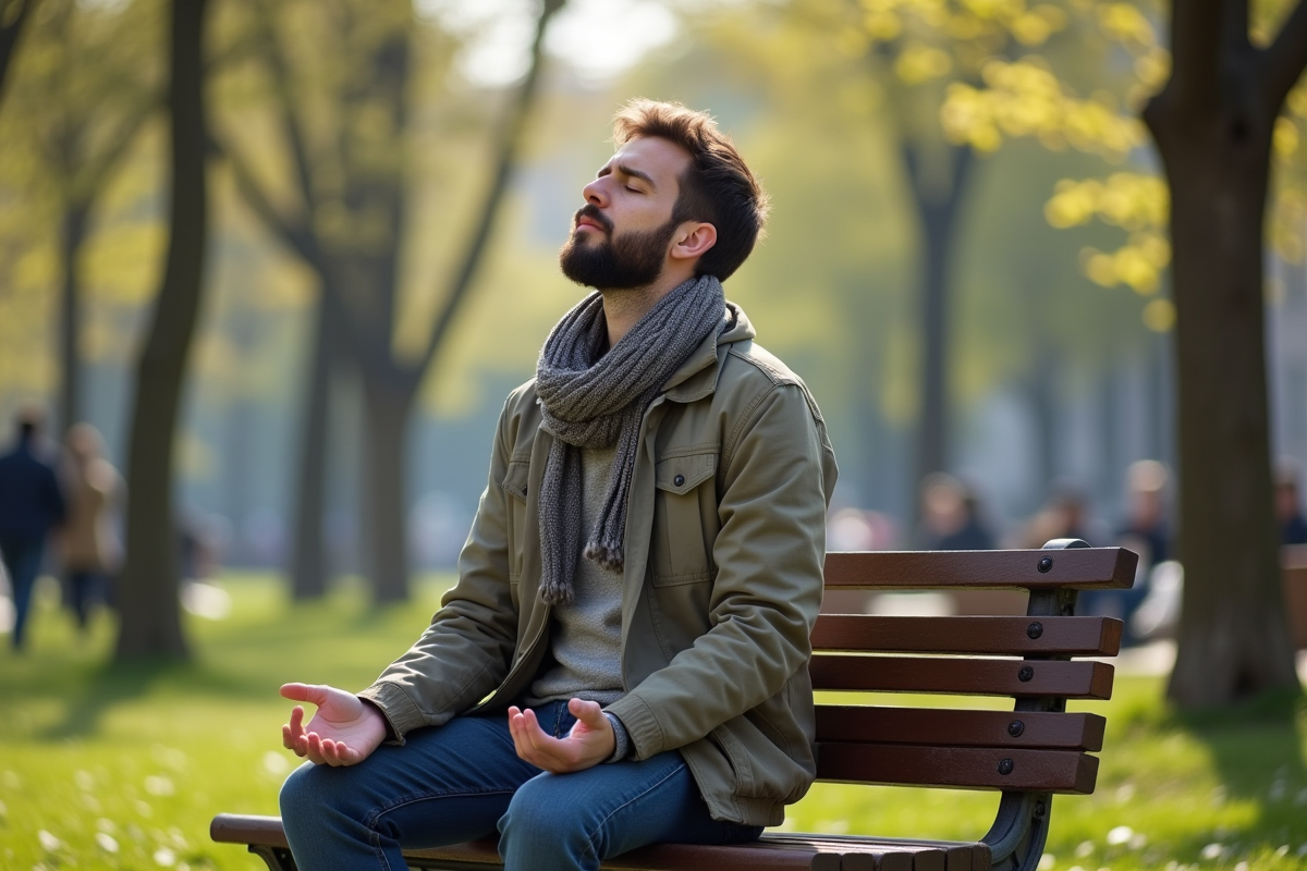Homme méditant assis sur un banc dans un parc