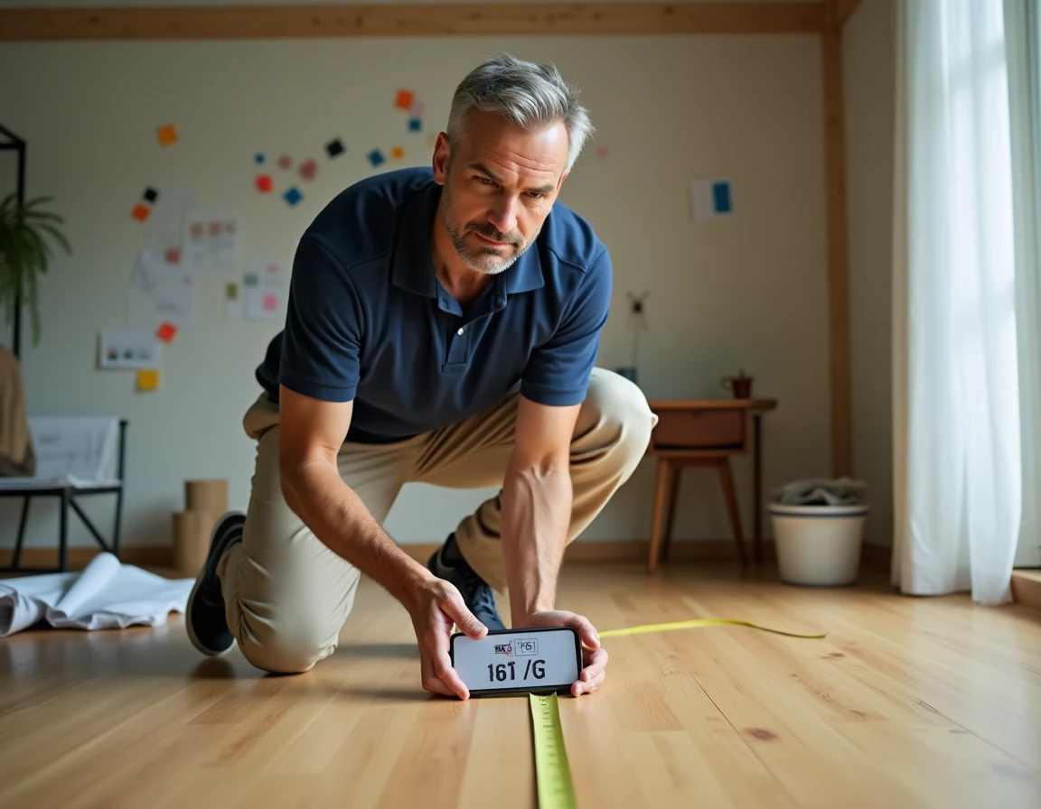 Homme mesurant une pièce avec un mètre ruban et utilisant une application de conversion pieds centimètres sur smartphone