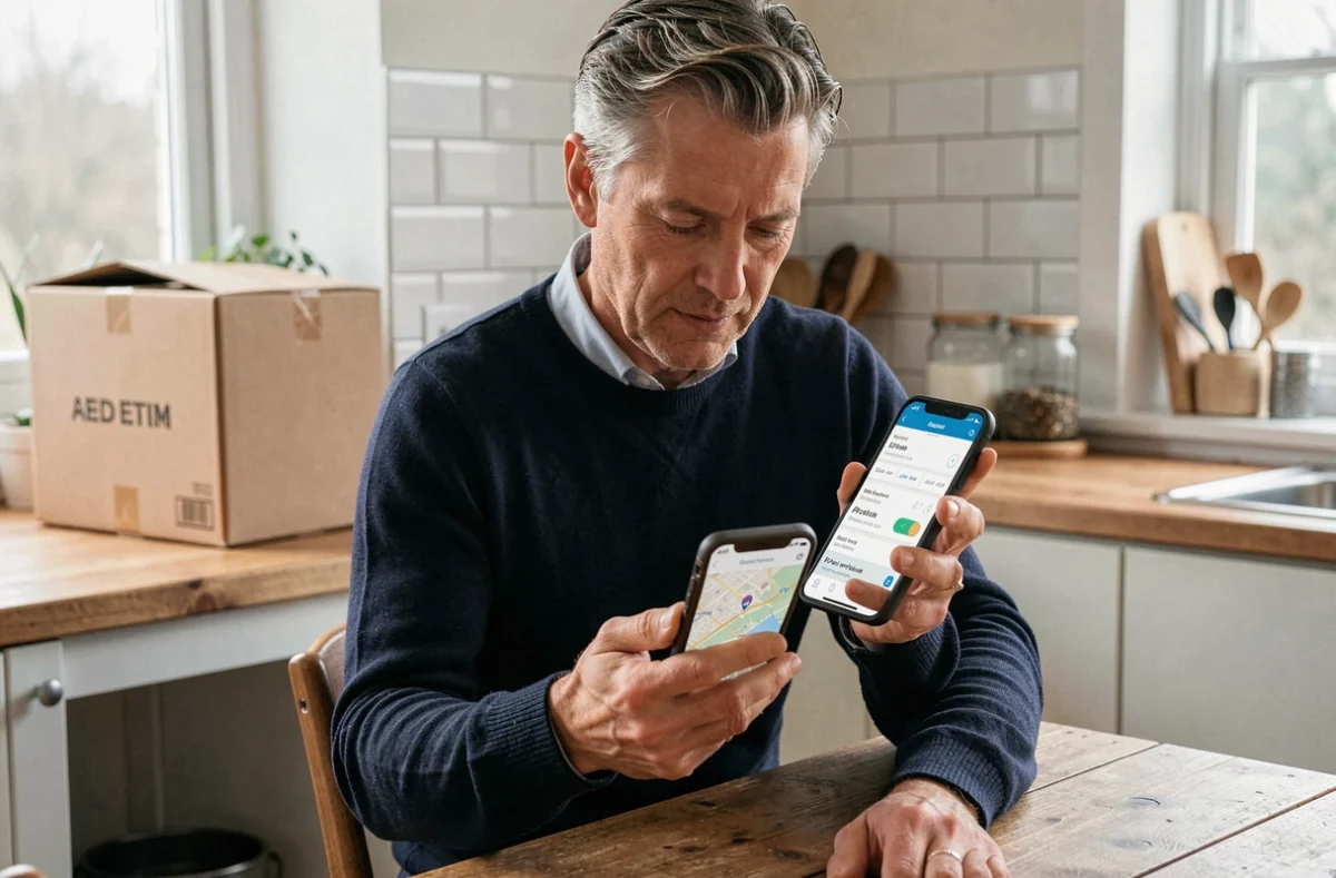 Homme modifiant son point de retrait Colissimo sur une application de suivi de colis depuis chez lui