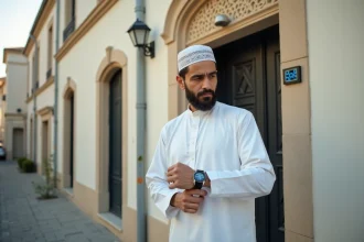 Homme devant une mosquée de Livry-Gargan consultant les horaires de prière affichés à l'entrée
