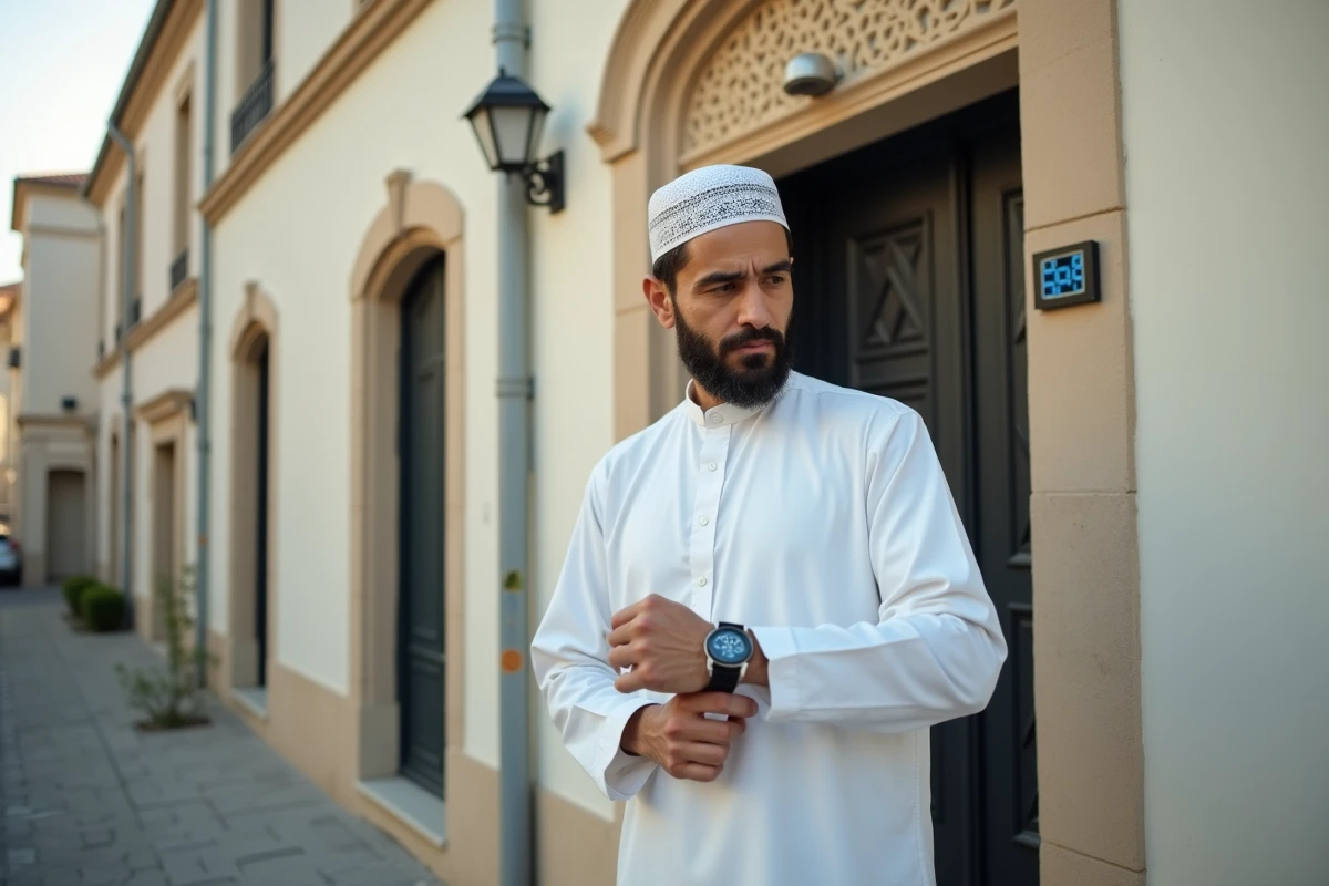 Homme devant une mosquée de Livry-Gargan consultant les horaires de prière affichés à l'entrée
