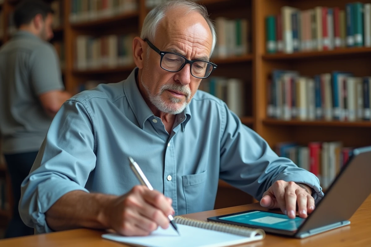 Homme âgé compare notes et site web à la bibliothèque