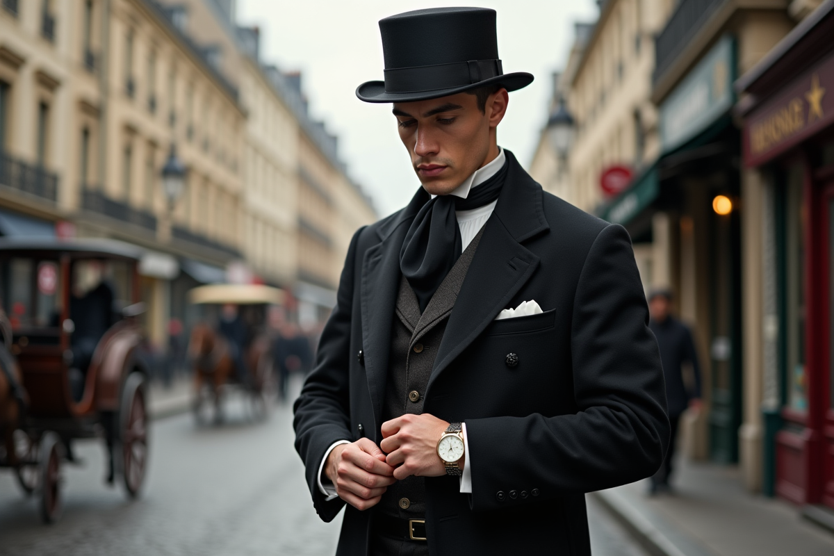 Jeune homme parisien regardant sa montre dans la rue