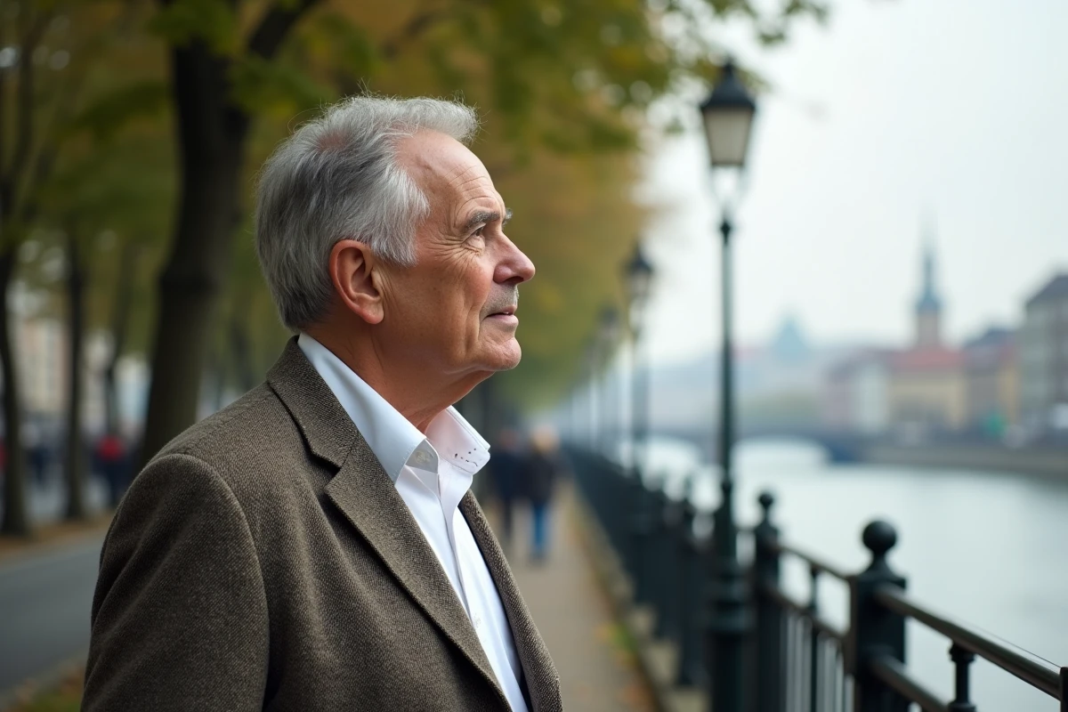 Homme âgé regardant la promenade au bord de la rivière