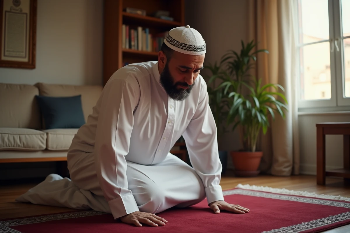 Homme en prière sur un tapis de prière bordeaux dans un appartement de Grenoble, ambiance intérieure paisible